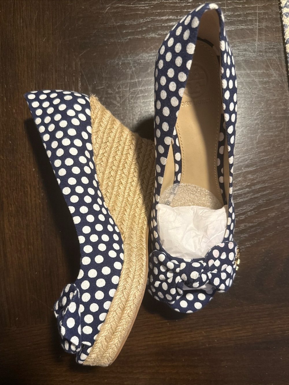 Tory Burch Dory 85MM Peep Toe Espadrille Polka Dot Print Wedge, NWOB, Size 7